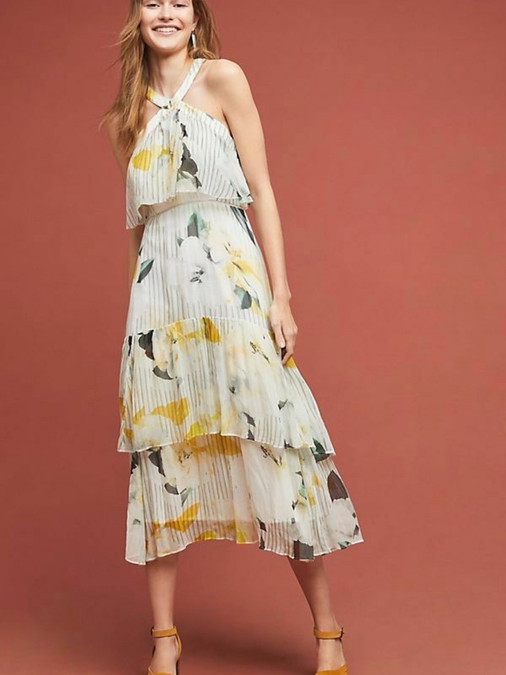 Anthropologie White Floral Pleated Tiered Maxi Dress